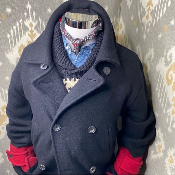 Polo Ralph Lauren Merino Wool Black & Red Double Breasted Top Over Pea Coat - Picture 4 of 16